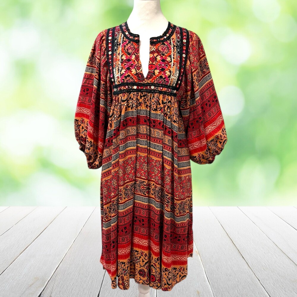 Vintage Y2K MONSOON Embroidered Peasant Dress Shisha Mirror Boho Red Size S
